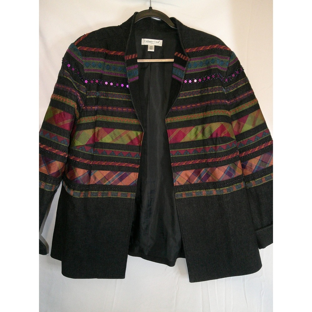 Coldwater Creek Womens Jacket W18 Black Colorful Embellished Open Front‎